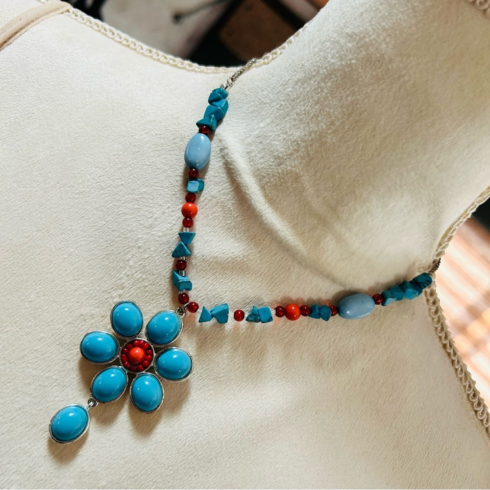 Avon southwest simulated turquoise red coral dual sided pendant necklace
